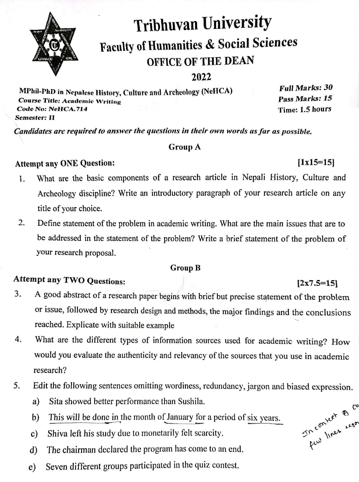 Mphil-PhD / Academic Writing Question Paper/  2nd Semester / Tribhuwan University