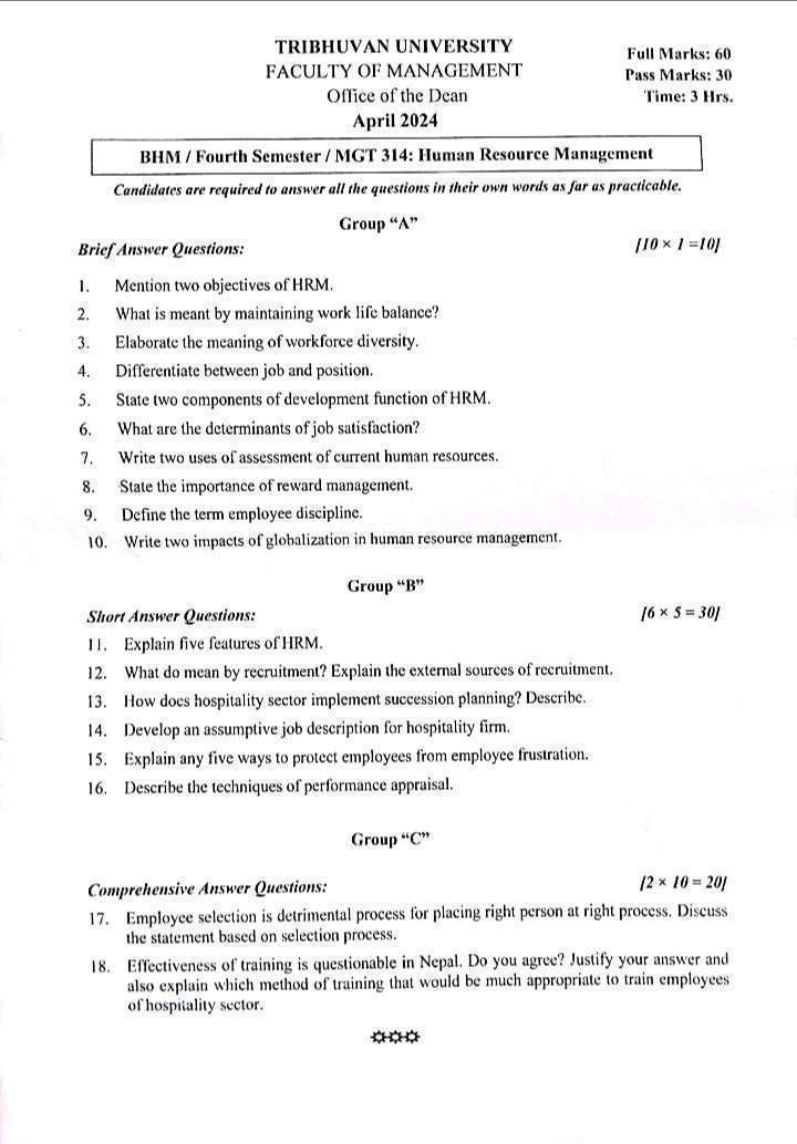 BHM 4th sem question paper 2024