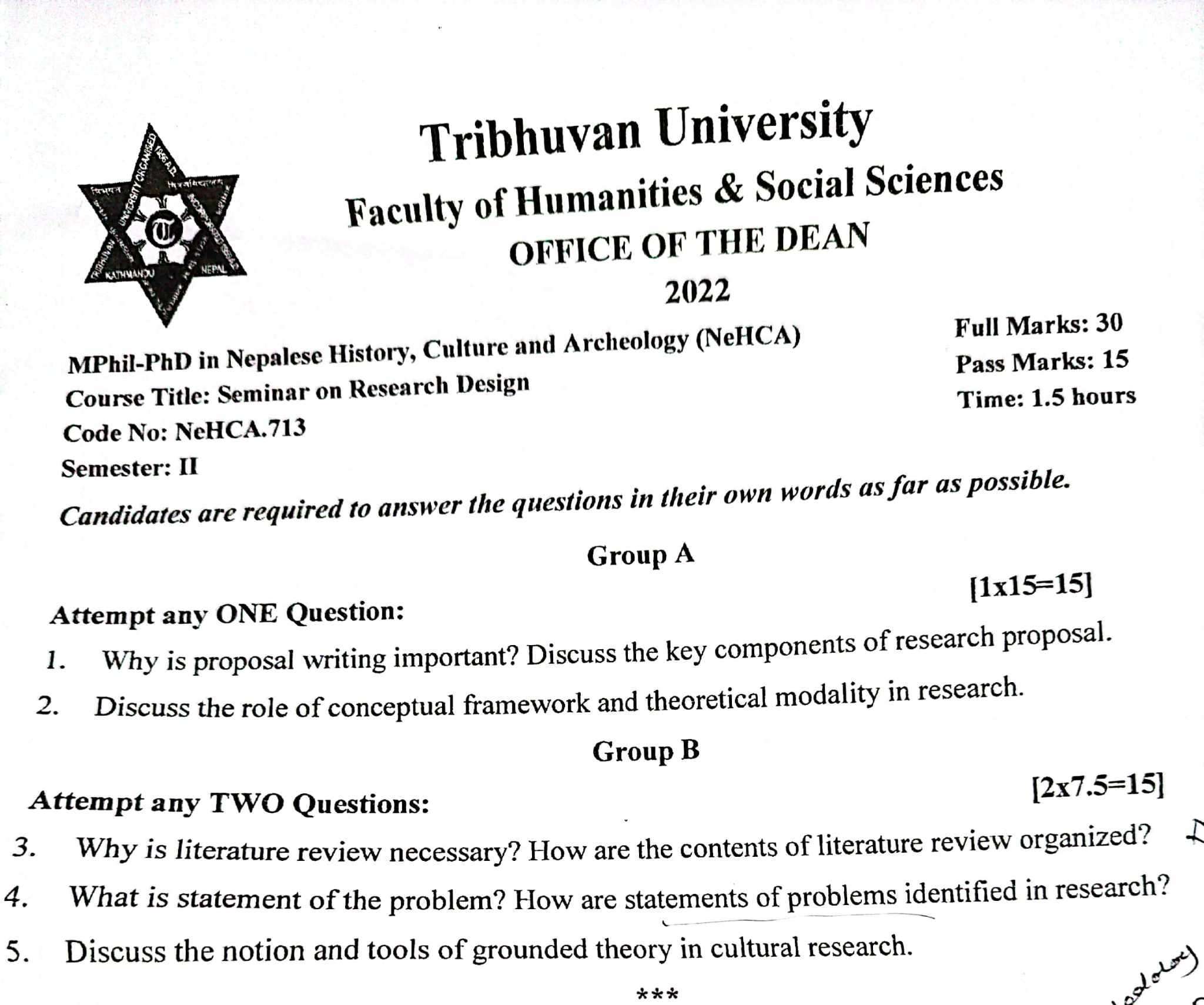 Mphil-PhD Question Paper /Tribhuwan University / Nepalese History, Culture and Archeology